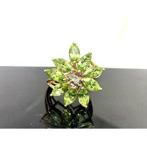 Green Gemstone Diamond Floral Cocktail Ring 14k Yellow Gold Womens Estate Size 7